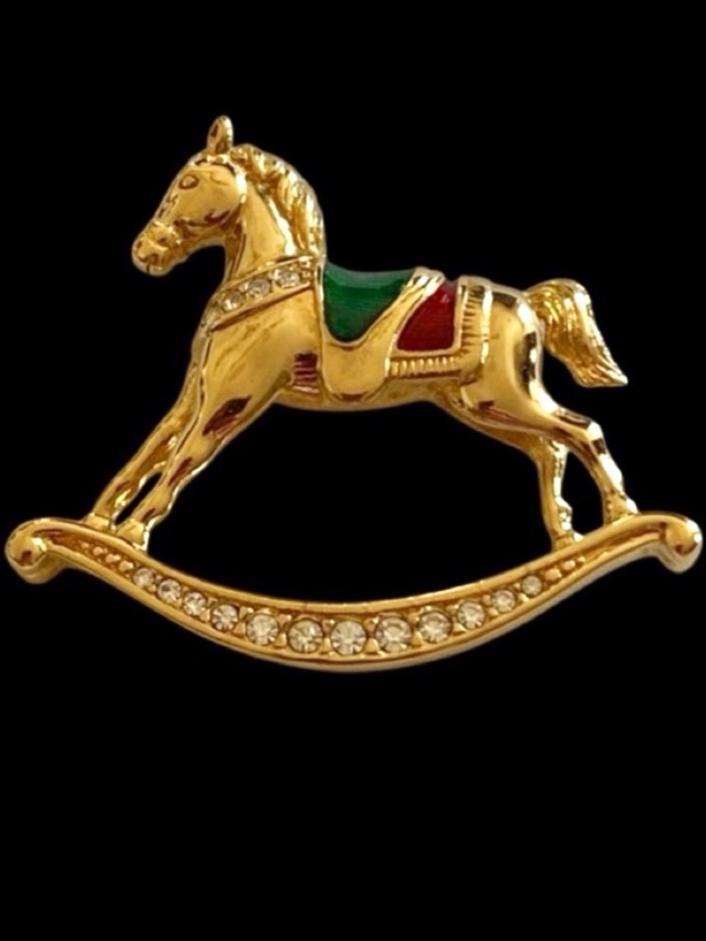 Vintage Swarovski Gold Christmas Rocking Horse Brooch Pin Gold Red Green Marked